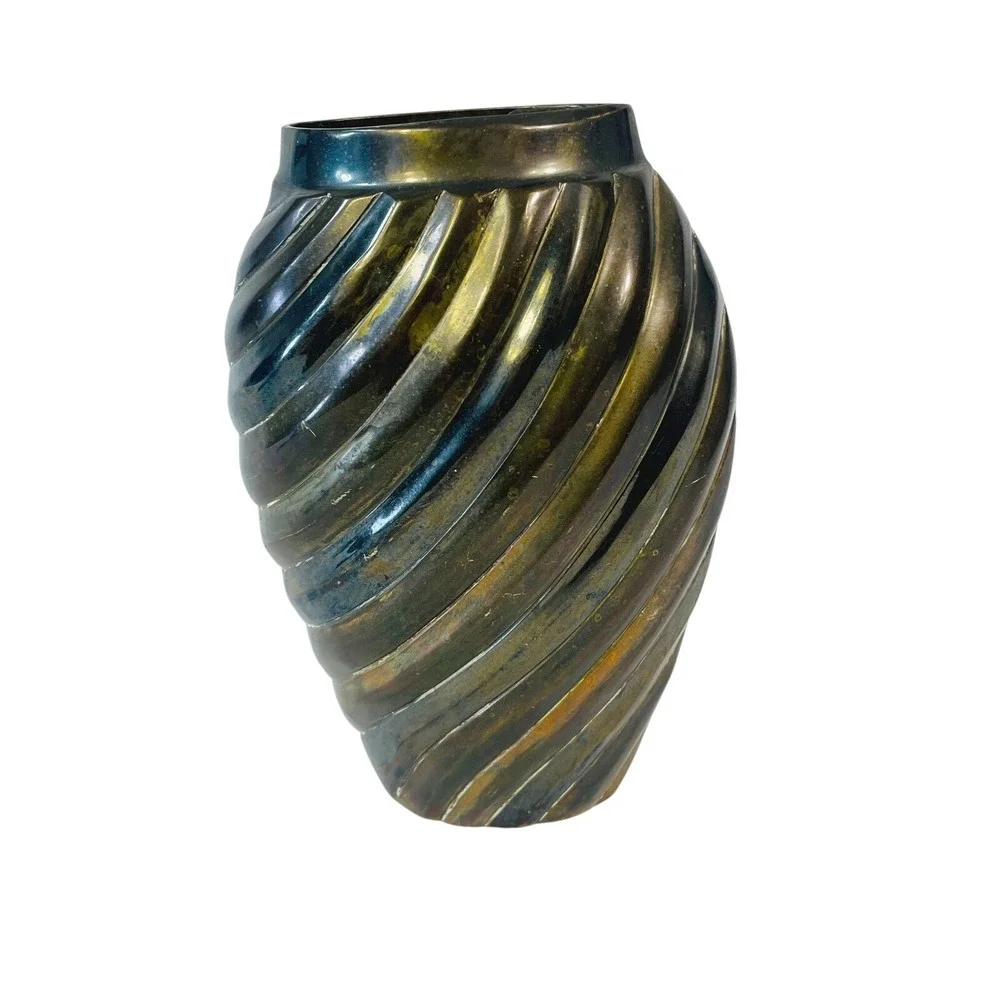 Vtg Wildwood Imports Brass Spiral Ribbed Vase Iridescent Patina Mid Century Boho